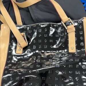 Arcadia Black and Tan Monogram Shoulder Bag with Glossy Finish